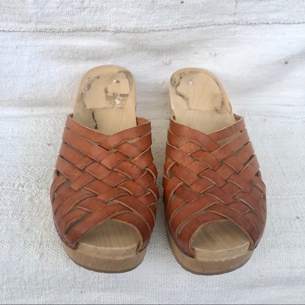 Swedish Hasbeens Leather Braided Sandal Clogs 37